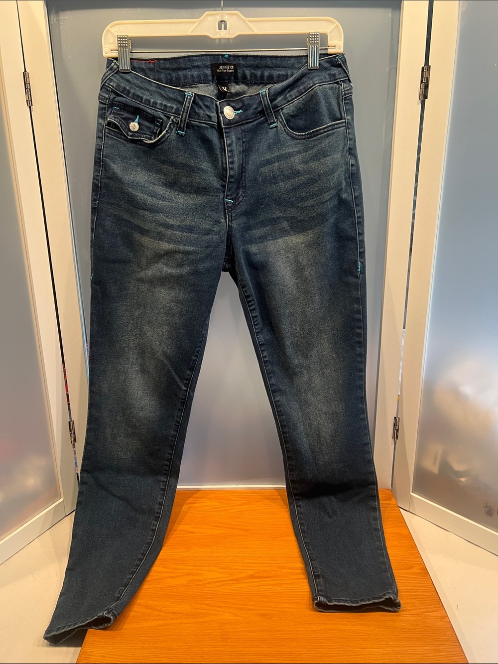 True religion Jennie curvy mid rise super skinny blue jeans 30x29 teal stitching